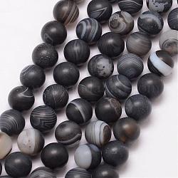Natural Striped Agate/Banded Agate Bead Strands, Round, Grade A, Frosted, Dyed & Heated, Black, 10mm, Hole: 1mm, about 37pcs/strand, 15 inch