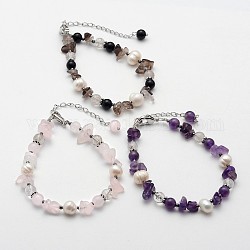 Pierre mixte naturel et perles bracelets de perles, avec les accessoires en alliage et en laiton de tonalité de platine, 190mm