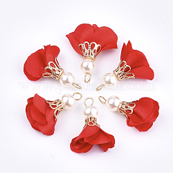 Ciondoli di ferro, con un panno e una perla imitazione plastica abs, fiore, oro, rosso, 25~32x15~25mm, Foro: 1~4 mm