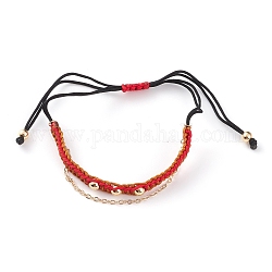 Bracelets de perles de nylon tressés réglables, Bracelets de multi-brins, avec perles rondes en laiton doré et chaînes forçats, rouge, diamètre intérieur: 1~3-1/2 pouce (2.6~9 cm)