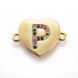 Ottone micro spianare link zirconi, cuore con la lettera, colorato, oro, letter.p, 14~14.5x19.5~20x1.5mm, Foro: 1.5 mm