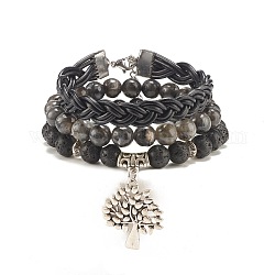 3Pcs 3 Style Natural Larvikite & Lava Rock Beaded Stretch Bracelets Set with Alloy Tree of Life, Cowhide Leather Braided Bracelets for Women, 2-1/8 inch(5.5cm), 1Pc/style