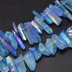 Electroplated Natural Quartz Crystal Beads Strands, Nuggets, Tusk Shape, AB Color, Dyed, Cornflower Blue, 7~15x18~60mm, Hole: 1mm, about 46pcs/strand, 16 inch