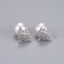 Boucles d'oreilles en laiton zircon cubique micro pavé clair, avec de l'acrylique perle d'imitation, Plaqué longue durée, oeil, Platine plaqué réel, 12.5x13mm, pin: 0.7 mm