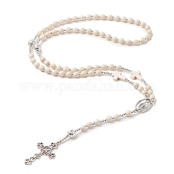 Natural Lava Rock & Synthetic Turquoise Rosary Bead Necklace, Alloy Cross with Virgin Mary Pendant Necklace for Women, Antique White, 24.80 inch(63cm)