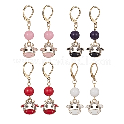 4 paire de boucles d'oreilles pendantes en perles de jade mashan teintes naturelles, 4 couleurs, boucles d'oreilles pendantes en alliage doré et émail pour bovins, couleur mixte, 45x15.5x8.5mm, 1 paire / couleur