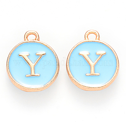 Golden Plated Alloy Enamel Charms, Cadmium Free & Lead Free, Enamelled Sequins, Flat Round, Sky Blue, Letter.Y, 14x12x2mm, Hole: 1.5mm