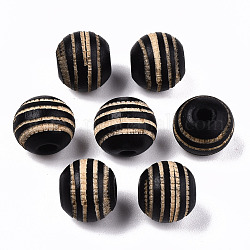 Perles de bois naturel peintes, motif gravé au laser, rond avec zèbre, noir, 10x8.5mm, Trou: 2.5mm