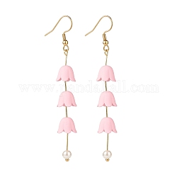 Acrylic Flower with Plastic Pearl Long Dangle Earrings, Gold Plated 304 Stainless Steel Jewelry for Women, Pink, 80mm, Pin: 0.6mm