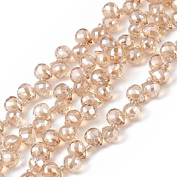 Transparentes perles de verre de galvanoplastie brins, facette, larme percée en haut, perle plaquée lustre, Sandy Brown, 10x7.5~8mm, Trou: 0.8~1mm, Environ 95~100 pcs/chapelet, 23.23~26.77 (59~68 cm)