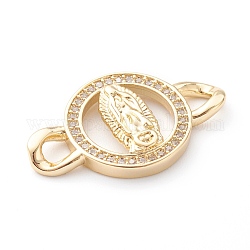 Brass Micro Pave Clear Cubic Zirconia Links Connectors, Long-Lasting Plated, for Religion, Flat Round with Virgin Mary, Real 18K Gold Plated, 25x14.5x3mm, Hole: 3.5mm