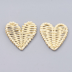 Handmade Spray Painted Reed Cane/Rattan Woven Beads, For Making Straw Earrings and Necklaces, Dyed, Pearlized Effect, Heart, No Hole/Undrilled, Lemon Chiffon, 51~58x47~57.5x5~6mm