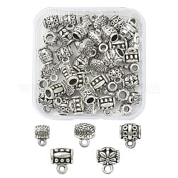 50Pcs 5 Style Tibetan Style Alloy Barrel Carved Flower Bail Beads, Tube Bails, Loop Bails, Antique Silver, 8~10x6~9x5~7mm, Hole: 1~2mm, inner diameter: 2~3.5mm, 10Pcs/style