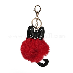 Porte-clés en cuir pu chat mignon et imitation boule de fourrure de lapin rex, avec fermoir en alliage, pour la décoration de clé de voiture de sac, rouge, 18 cm