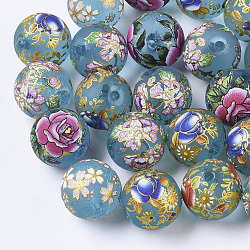 Perles en résine imprimée, mat, ronde avec motif de fleurs, dark cyan, 17mm, Trou: 2mm