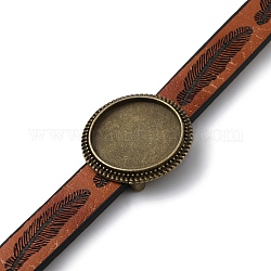 Impostazioni del braccialetto a maglie tonde piatte in lega adatte per cabochon, con cordoncini in pelle PU con motivo piuma, bronzo antico, 8 pollice (20.3 cm), vassoio: 18x18mm