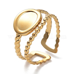 Ion Plating(IP) 304 Stainless Steel Open Cuff Ring Components, Bezel Cup Ring Settings, Oval, Real 18K Gold Plated, Inner Diameter: 17mm, Tray: 6.3x8.4mm