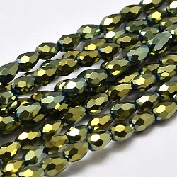 Faceted Teardrop Full Plated Electroplate Glass Beads Strands, Green Plated, 5x3mm, Hole: 1mm, about 100pcs/strand, 17.7 inch~19.6 inch
