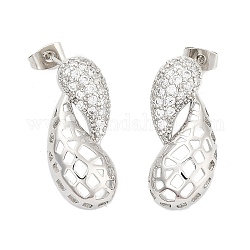 Hollow Teardrop Brass Micro Pave Clear Cubic Zirconia Dangle Stud Earrings, Long-Lasting Plated, Cadmium Free & Lead Free, Platinum, 28x12.5mm