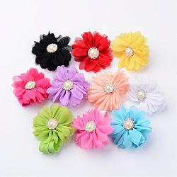 Fashionable Elastic Baby Headbands, Hair Accessories, Cloth Flower with Rhinestones and Imitation Pearl, Mixed Color, 110mm, flower: about 68mm in diameter, 10pcs/set