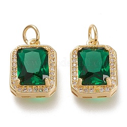 Brass Glass Charms, with Micro Pave Clear Cubic Zirconia and Jump Ring, Rectangle, Real 18K Gold Plated, Green, 14.5x10.5x5mm, Hole: 3.4mm