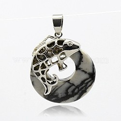 Natural Black Silk Stone/Netstone Pendants, with Brass Findings, Flat Round with Fish, Platinum Metal Color, 33.5x28x5mm, Hole: 4.5x7mm