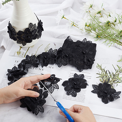 3D Floral Bouquet Embroidered Applique on Black Fabric - Shine Trim