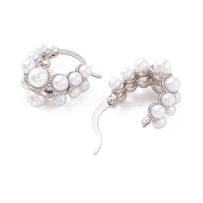 Серьги-кольца из латуни с покрытием из АБС-пластика и имитацией жемчуга EJEW-M029-02P-1