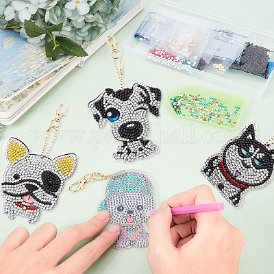 SUNNYCLUE 1 Box DIY 4pcs Dog Diamond Art Key Chains Bulldog 5D Full Drilled Double Sided Diamond Art Painting Keychain Pet Puppy