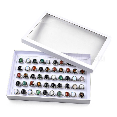 Овальные кольца на палец из смешанных натуральных и синтетических драгоценных камней RJEW-N044-05-1