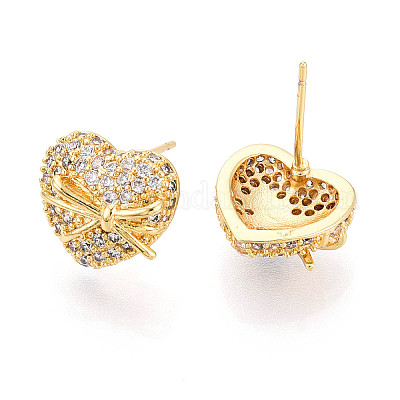 Серьги-гвоздики из латуни с микро-паве и прозрачным фианитом в форме сердца EJEW-T047-48G-1