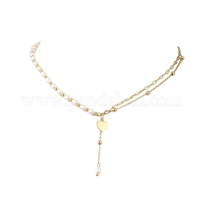 Двухслойные ожерелья из латунной цепочки с натуральным культивированным пресноводным жемчугом и бусинами из риса NJEW-JN05689-1