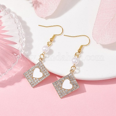 Прямоугольные серьги из сплава со стразами и подвесками в форме сердца EJEW-JE05491-01-1