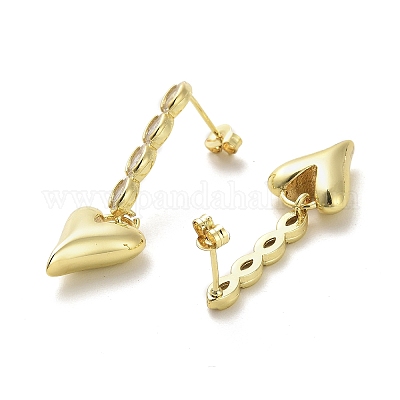 Серьги-гвоздики из латуни с микро-паве и прозрачным фианитом в форме сердца EJEW-M240-06G-1