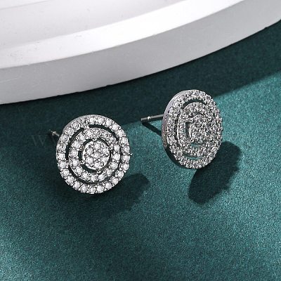 Латунные плоские круглые серьги-гвоздики с микропаве из прозрачных кубических цирконий EJEW-H165-05P-1