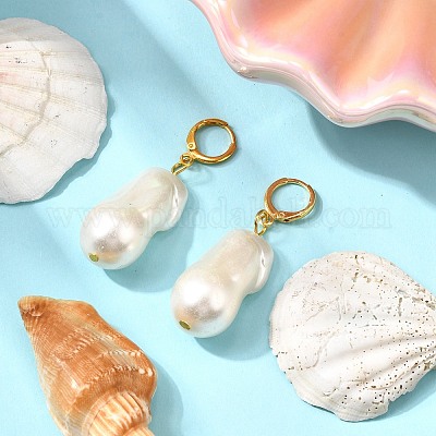 Латунные пластиковые серьги-кольца с жемчугом EJEW-JE06485-02-1