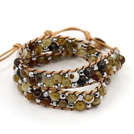 Two Loops Leather Gemstone Wrap Bracelets BJEW-O015-03-1