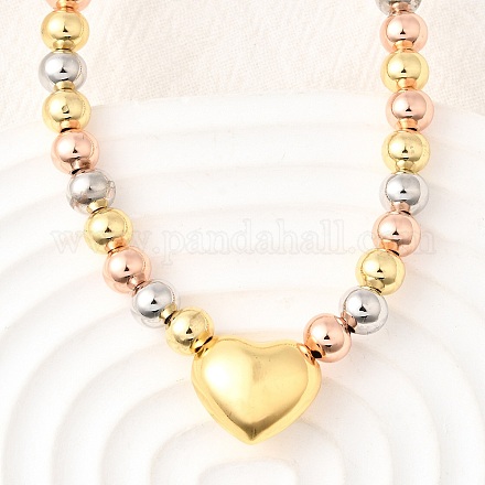 Трехцветные латунные ожерелья в форме сердца и круглых бусин для женщин NJEW-D314-10PG-1