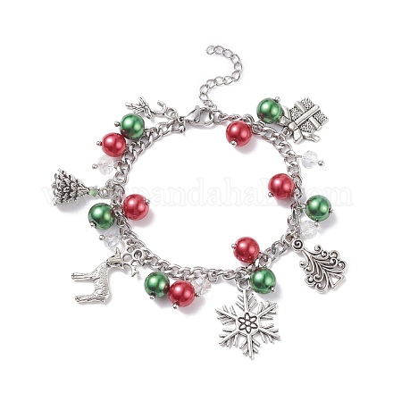 Confezione regalo di natale e braccialetto con ciondolo in lega di albero e fiocco di neve e renna con perla di vetro BJEW-TA00097-1