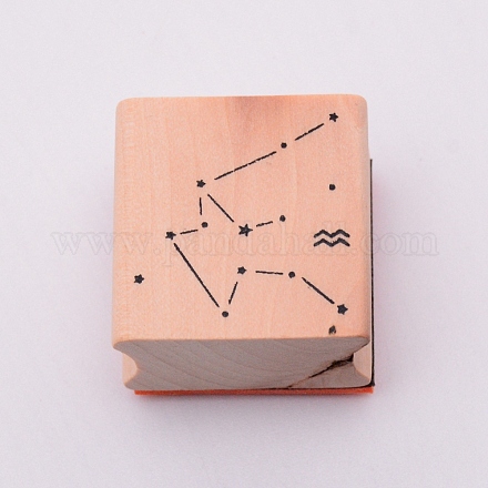 木の切手  ゴム入り  {12}の星座のある正方形  水瓶座  30x30x24mm DIY-WH0175-46K-1