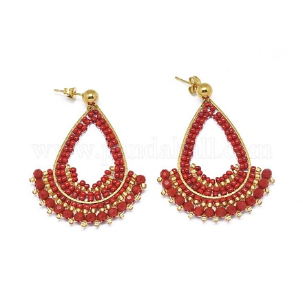 Handmade Woven Glass Beads Dangle Stud Earrings EJEW-F235-L02-1