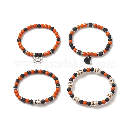 Set di 4 braccialetti elasticizzati con teschio misto pietre preziose tinte naturali e sintetiche tinte in stile 4 pz BJEW-JB09324-1