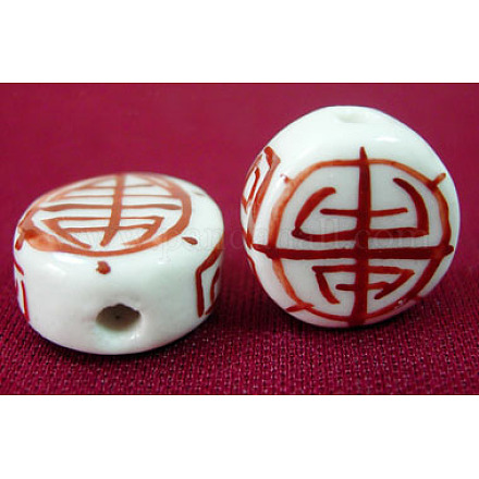 手作りの陶器ビーズ  フラットラウンド  白と赤  diamemer 15mm  厚さ8mm  穴：3mm X-CF146Y-1