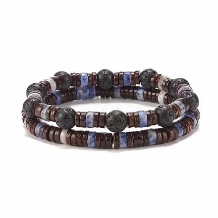 Set di braccialetti elastici con perline di roccia lavica e cocco naturale in stile 2pz 2 e diaspro blu macchiato BJEW-JB07944-1