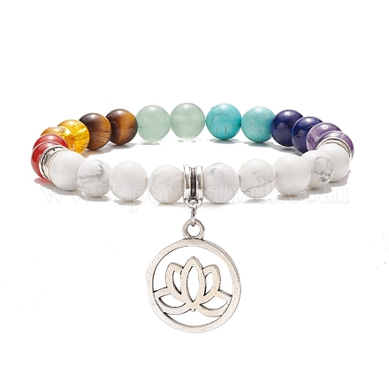 Natural Howlite & Mixed Gemstone Stretch Bracelet with Alloy Lotus Charms BJEW-TA00134-04-1