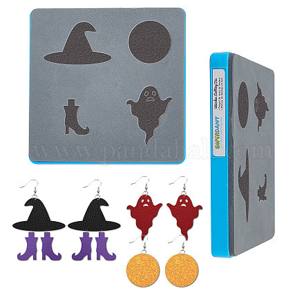 SUPERDANT Halloween Ghost Leather Cutting Die 4 Shapes Earring Wooden Dies Cutting Mold Leather Jewelry Die Cutter Mold with Plastic Protective Box and EVA Foam for Halloween Death Day DIY Craft DIY-SD0001-56A-1