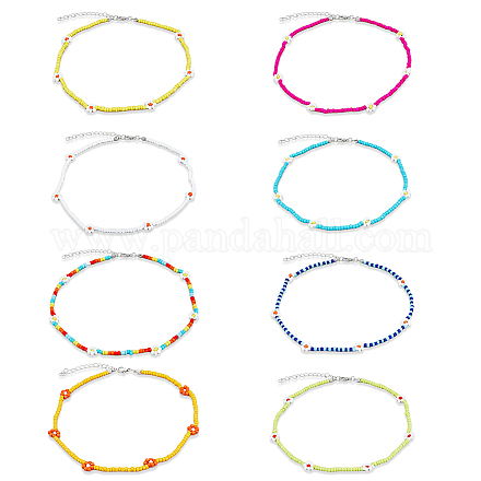 Anattasoul 8 Stück 8 Farben Glassamen geflochtene Blumenperlen-Halsketten-Set für Frauen NJEW-AN0001-32-1