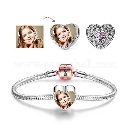 TINYSAND Sterling Silver Personalized Dual Hearts Cubic Zirconia Charm European Bracelet TS-Set-049-21-1