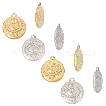 UNICRAFTALE about 12pcs 2 Colors Flat Round with Evil Eye Charms 304 Stainless Steel Pendants Golden & Stainless Steel Color Flat Round Charms for DIY Necklaces Jewelry Making STAS-UN0014-86-1