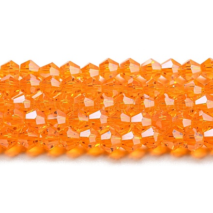 透明電気メッキガラスビーズ連売り  パール光沢メッキ  多面カット  双円錐形  オレンジ  3x2.5mm  穴：0.7mm  約162~185個/連  12.76~14.61インチ（32.4~37.1cm） GLAA-F029-2mm-C23-1
